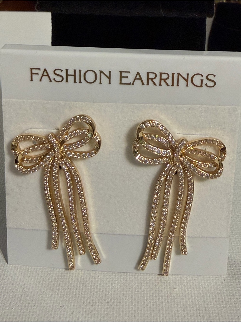 Vintage Gold Tone Pavé Crystal Bow Drop Tassel Earrings Deadstock